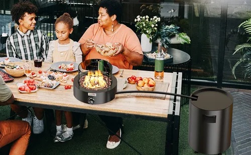 Miniatura 8 de Fogata de gas desmontable con rocas de lava, escudo de vidrio y ruedas, hoguera de propano sin humo con manguera para patio, patio, campamento