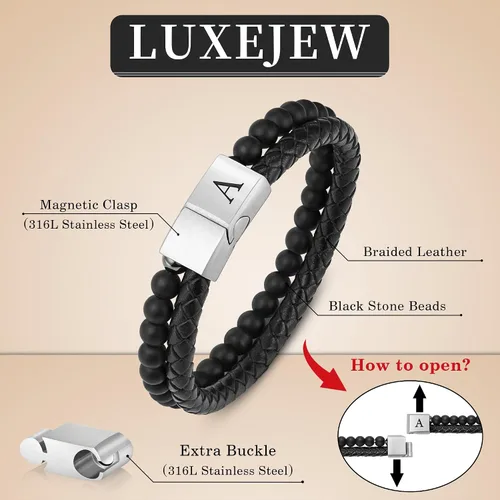 Miniatura 5 de LUXEJEW Regalo Navidad para hombre, brazalete de cuero con cuentas, con letra inicial nombre, 15/64 de pulgada, ágata mate, hecho a mano, ajustable