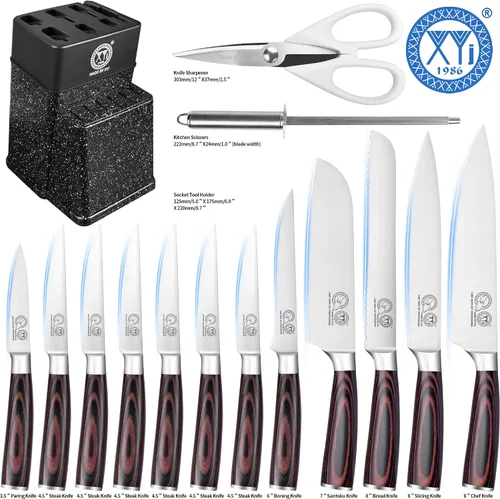 Miniatura 9 de XYJ Auténtico desde 1986, juego de bloque con cuchillos de cocina, juego de cuchillos de cocina con soporte, tijeras, juego de cuchillos de chef