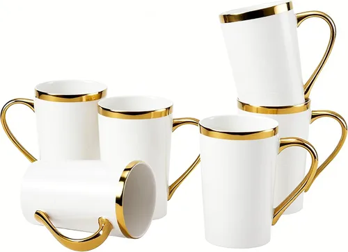 Miniatura 11 de Juego de 6 tazas de café de oro negro de 12 onzas, tazas de cerámica de porcelana con mango y borde dorados, apto para lavavajillas, regalo elegante