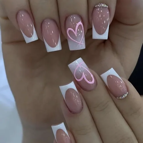Miniatura 15 de Uñas postizas a presión para San Valentín, uñas postizas cortas cuadradas MABKJLF nude con diseños de labios, cobertura completa, pegamento
