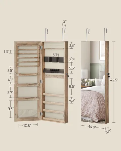 Miniatura 47 de SONGMICS Gabinete colgante de joyería, gabinete de pared con luces interiores LED, organizador de joyas montado en la puerta, espejo de cuerpo Blanco