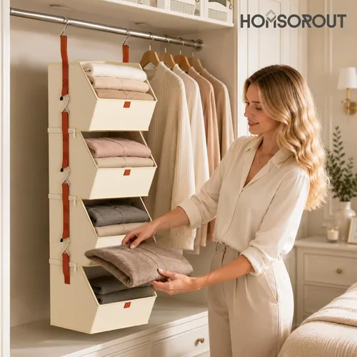 Miniatura 3 de Homsorout Organizador colgante de armario de 4 niveles, estantes colgantes para ropa, sistema de armario que ahorra espacio, contenedores de Beige