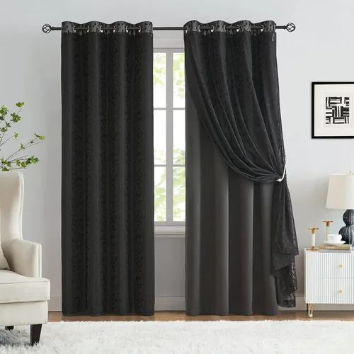 Miniatura 10 de Jubilantex Cortinas opacas completas + paneles de ventana transparentes con hojas, juego de tratamiento de ventana de doble capa estilo mezcla