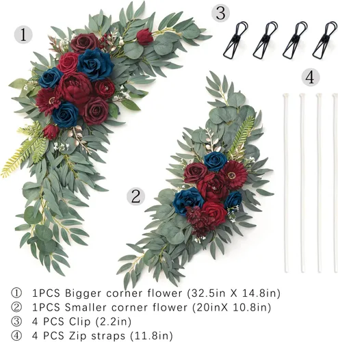 Miniatura 4 de ponatia Flores de Arco de Boda (Paquete de 2), Flores Borgoña y Azul Marino para Decoraciones de Boda, Señales de Bienvenida, Arcos de Boda