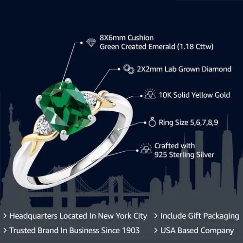 Miniatura 57 de Gem Stone King Anillo de compromiso de 3 piedras preciosas de plata 925 y oro amarillo de 10 quilates de 0.315 x 0.236 in de talla cojín y diamante
