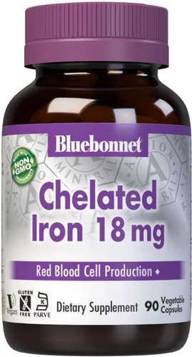 Bluebonnet Nutrition Hierro quelado de 18 mg – Hierro no estreñimiento – Sin soja, sin gluten, sin OMG, certificado Kosher, sin lácteos, vegano – 90