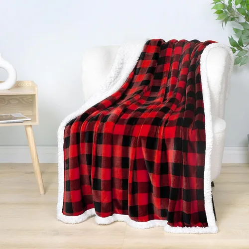 Miniatura 6 de PAVILIA Manta Sherpa a cuadros Buffalo negros y rojos para sofá individual, manta de franela suave y esponjosa para cama, manta de forro polar a