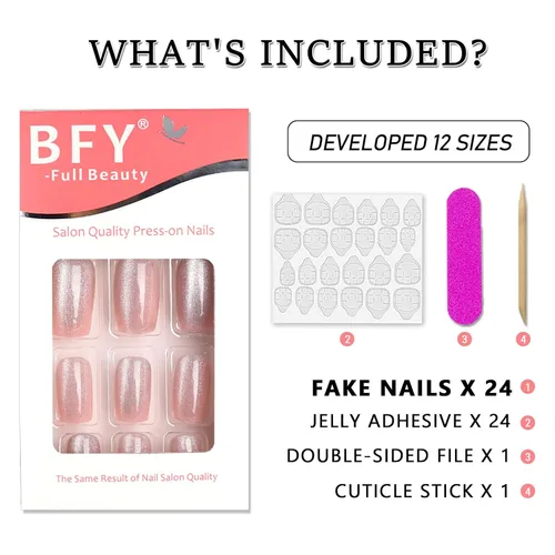 Miniatura 5 de BFY Uñas postizas a presión de ojo de gato, uñas postizas cuadradas medianas, uñas acrílicas de gel rosa claro, kit de uñas postizas holográficas