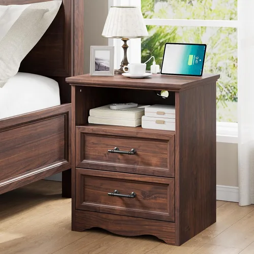 Miniatura 8 de Mesita de noche con estación de carga, Mesa auxiliar estilo granja de 19.7" con almacenamiento de 3 cajones, Mesa lateral de cama de madera