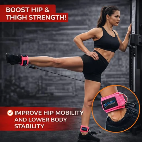 Miniatura 5 de Correas de tobillo Flexi MusCLES para máquinas de cable. Nuestras cómodas correas acolchadas ajustables para entrenamiento de tobillo con doble