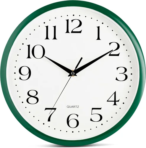 Bernhard Products - Reloj de cuarzo de pared verde cazador, silencioso, sin tictac, redondo, 12 pulgadas, a pilas y fácil de leer, para hogar,