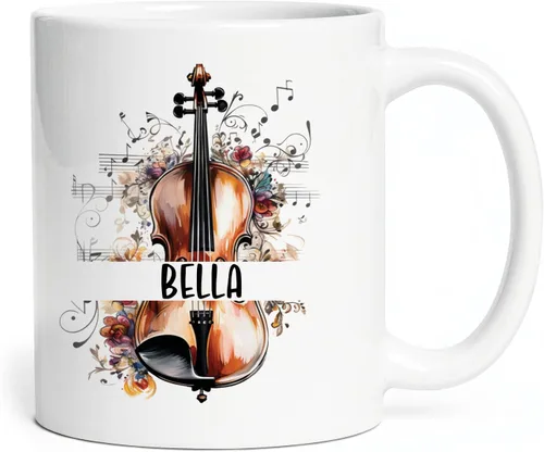 Taza personalizada para músico 2023, taza de violín personalizada con nombre, violín y notas musicales, taza de cerámica de 11 oz y 15 onzas, taza