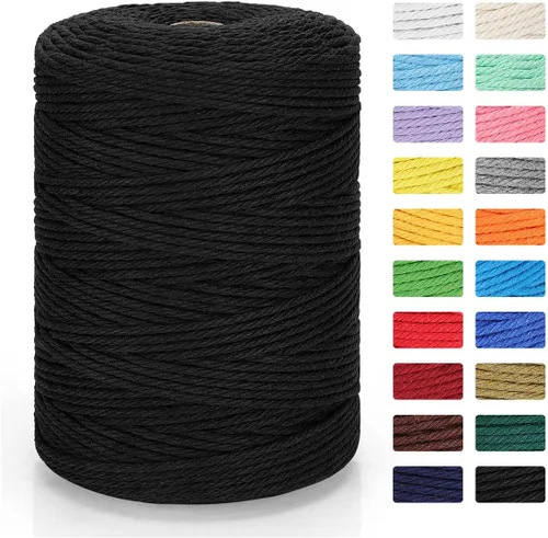 Cordón de macramé de 0.118 pulgadas x 328 yardas | Cuerda de macramé de 100% algodón natural | Cuerda de algodón trenzado de 4 hebras para Negro