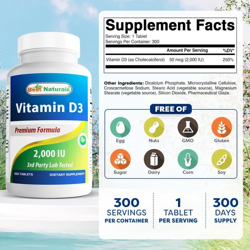 Miniatura 2 de Best Naturals Vitamina D3 2000 UI – 300 tabletas – Fabricado en Estados Unidos, sin OMG, sin gluten, sin color, sabor ni conservantes artificiales