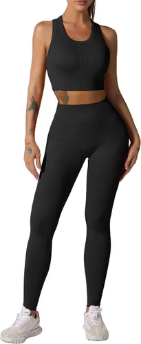 Conjuntos de entrenamiento para mujer, 2 piezas, sin costuras, acanalada, sin mangas, brasier deportivo, cintura alta, pantalones cortos de