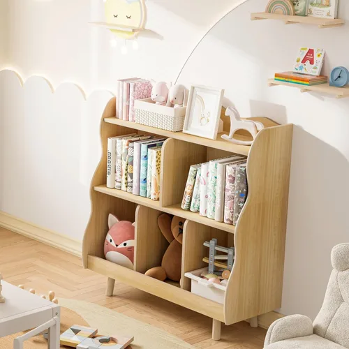 Miniatura 3 de Estantería para niños y organizador de juguetes Treocho, estantería de madera para niños de 3 niveles con diseño curvo, 5 compartimentos