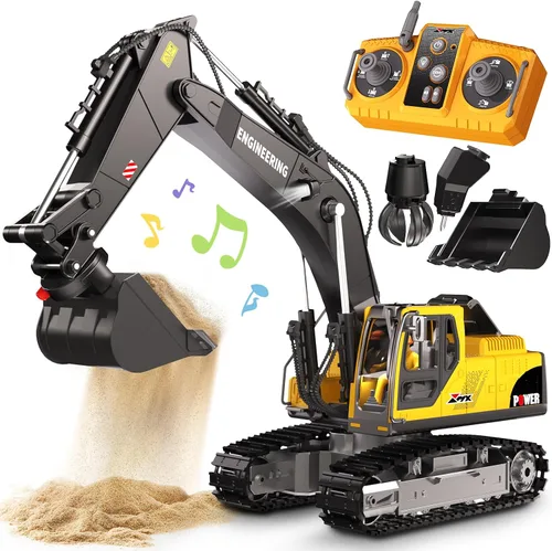 GraceDuck Excavadora de juguete a control remoto para niños, 3 en 1, juguete de excavadora RC con cubo de aleación, rompedor de rocas y garras,