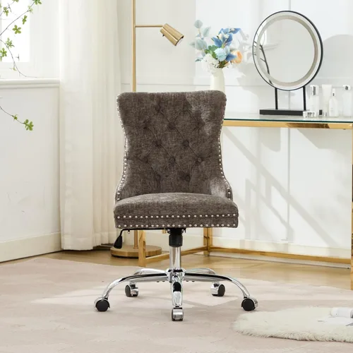 Miniatura 23 de Silla de oficina en casa de terciopelo con base de metal dorado y ribete de cabeza de clavo, moderna silla de trabajo tapizada giratoria tapizada