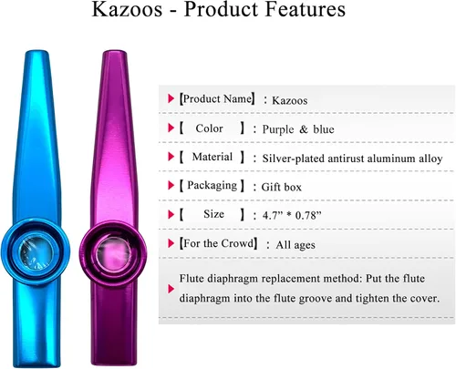 Miniatura 2 de FSHANEE Paquete de 2 instrumentos musicales Kazoos (azul, morado) con 6 flautas de membrana de diafragma todo en una caja de regalo Azul y púrpura