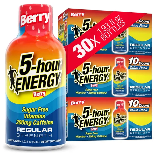 5-hour ENERGY Sabor a bayas, 30 unidades, inyección energética de 1.93 onzas líquidas, fuerza regular, aminoácidos, vitaminas B, sin azúcar y cero