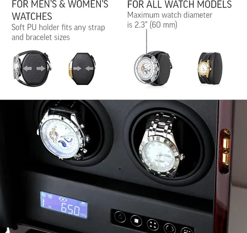 Miniatura 4 de Enrollador de 4 relojes con retroiluminación LED, 2 relojes y cajón de almacenamiento de joyas, pantalla LCD y control remoto