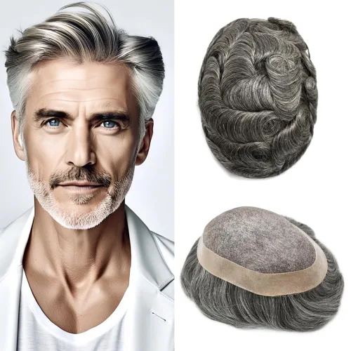 Miniatura 22 de Tupé para hombre, pieza de cabello humano real, monofilamento, tupé para hombres, postizos, unidades de sistema de reemplazo de cabello, gris