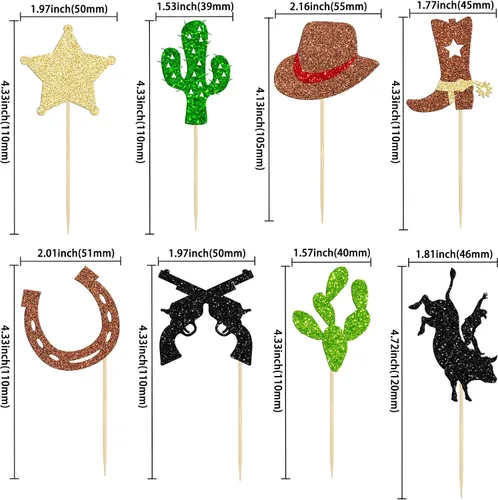 Miniatura 2 de 24 adornos de vaquero para cupcakes con purpurina, zapatos de caballo de vaquero, botas, púas de cupcakes, pistola de estrella, cactus, cupcakes