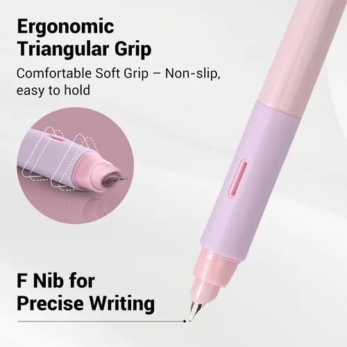 Miniatura 2 de WRITECH Pluma estilográfica de agarre suave: Plumín fino con tinta negra y 3 cartuchos de tinta y 1 juego de repuesto de plumín, escritura suave Rosa