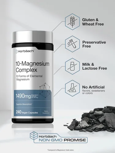 Miniatura 5 de Horbäach Complejo de magnesio 1490 mg 240 cápsulas 10 formas de magnesio elemental Vegano, sin OMG, sin gluten