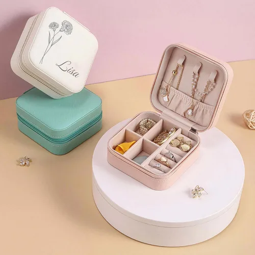 Miniatura 9 de Joyero personalizado con tu nombre y mes de la flor de nacimiento, organizador de joyas de cuero personalizado, estuche de viaje, regalos Negro