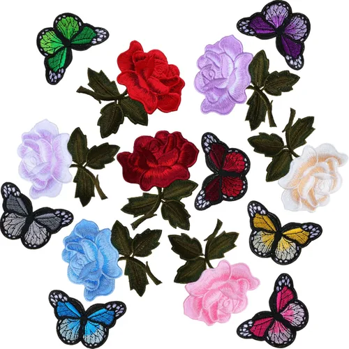 14 parches bordados de flores de rosas y mariposas para planchar para coser en parches de mariposa, parches de apliques de rosas para chaqueta,
