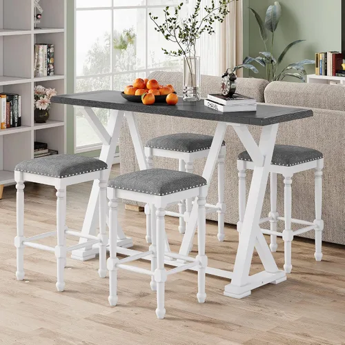 Miniatura 18 de Mid-Century - Juego de comedor de 5 piezas, altura de mostrador, mesa consola de madera con patas de caballete y 4 taburetes para lugares pequeños