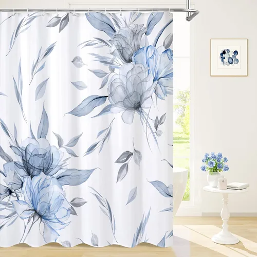 Litabel Cortina de ducha bohemia con estampado floral de acuarela azul y gris, estilo de pintura de tinta, cortinas de ducha de flores y hojas de