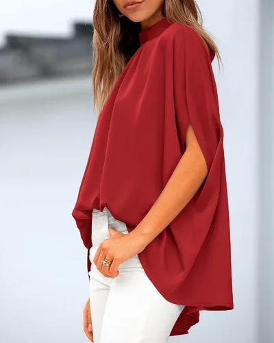 Miniatura 24 de BTFBM Blusas de verano para mujer, cuello alto falso, manga murciélago, holgadas, dobladillo alto y bajo, blusas informales de gran