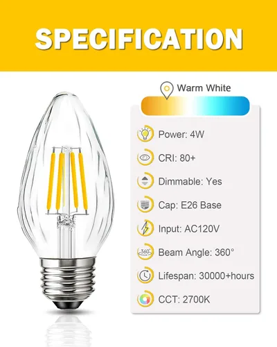 Miniatura 3 de Bombilla LED F15 de 4 W, equivalente a 40 W, bombillas Edison E26 regulables, color blanco suave de 2700 K, bombilla de porche delantero
