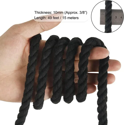 Miniatura 2 de Tenn Well Cordón de macramé negro de 0.394 pulgadas, 50 pies, cuerda de algodón gruesa torcida de 3 capas para manualidades, colgar en la pared