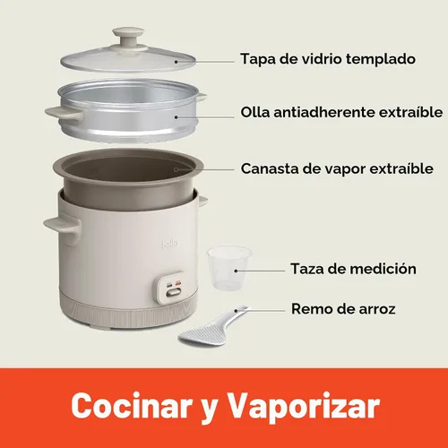Miniatura 3 de Arrocera BELLA de 16 tazas con vaporizador, cesta de cocción a vapor apta para lavavajillas, paleta de arroz y taza medidora, recipiente de cocción