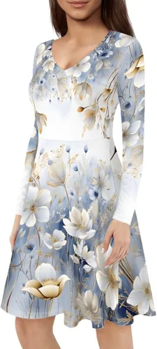 Miniatura 4 de GLUDEAR Vestido de manga larga con cuello en V y volantes con estampado 3D de Van Gogh para mujer