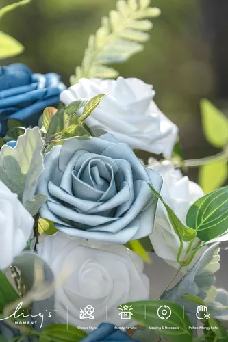 Miniatura 3 de Ling's moment Caja de flores falsas, tallos de vegetación artificial falsa, rosas de espuma, flor de seda Gardenia para centros de mesa, ramo, Azul