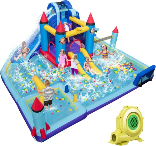 Miniatura 10 de HONEY JOY Tobogán acuático inflable, casa de rebote de agua gigante 8 en 1, parque de toboganes acuáticos con piscina de salpicaduras, gateo