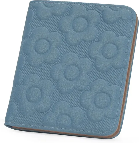 Miniatura 16 de Billetera para mujer, delgada y pequeña, billetera compacta con RFID, plegable, compacta, para mujer, cartera de cuero en relieve 3D con soporte