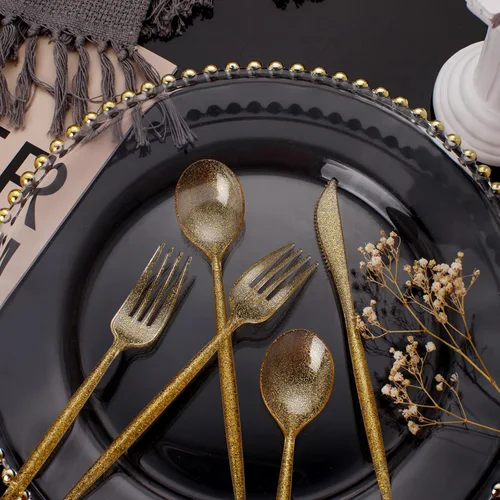 Miniatura 7 de Supernal Juego de 180 piezas de cubiertos de plástico dorados. Cubiertos de plástico duraderos en color dorado con brillo para fiestas. Cubiertos