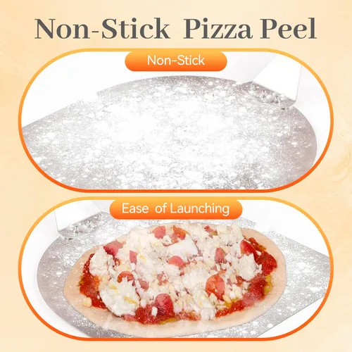 Miniatura 6 de Pala cuadrada de pizza de 12 pulgadas, espátula de pizza de acero inoxidable con mango largo ergonómico de madera para hornear al horno de pizza