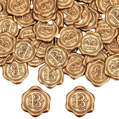 Miniatura 25 de Yoption 50 piezas de pegatinas de sello de cera inicial G, pegatinas de sello autoadhesivas de letra dorada retro antigua para sobres, para bodas