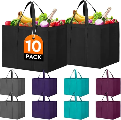 Miniatura 8 de WISELIFE Bolsas de compras reutilizables para comestibles, paquete de 10 bolsas de mano plegables grandes a granel bolsas de productos ecológicos