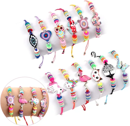 Lorfancy 12 pulseras para niños y niñas, joyería con colgante de animal de unicornio, búho, pulsera de amistad tejida con diamantes de imitación