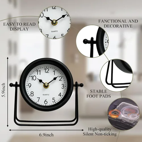 Miniatura 3 de EMAX HOME Reloj de escritorio y estante negro pequeño, 5.9 x 6.9 pulgadas, retro, elegante, reloj de mesa con cubierta de cristal, silencioso sin