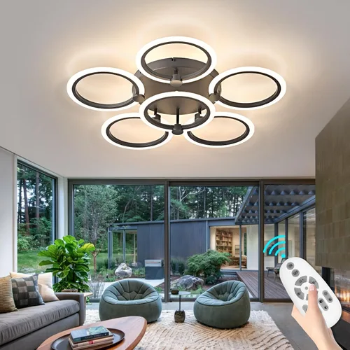 Miniatura 12 de Lámpara de techo LED, lámpara de techo moderna de 6 anillos, 77 W regulable 3000K a 6500K, luz de techo blanca con control remoto para sala