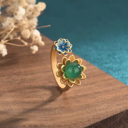 Miniatura 5 de Anillos de jade de loto chino para mujer, anillo étnico ajustable de apertura, Esmalte, No